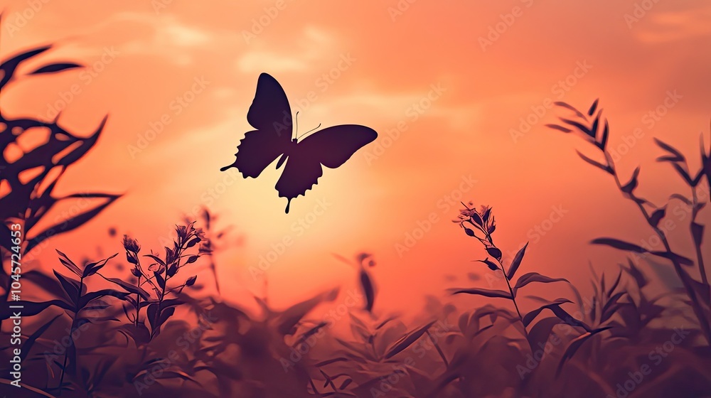 Fototapeta premium A butterfly silhouette flying into the sunset, with soft orange and pink hues creating a serene and reflective mood.