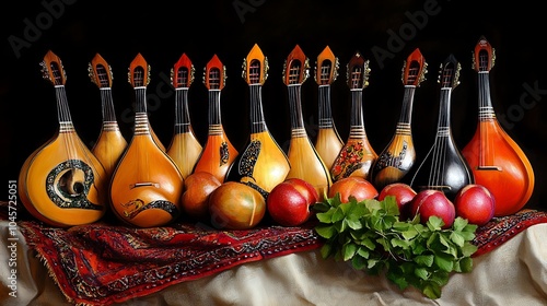 Still Life with Azerbaijani Saaz Instruments  Red Apples  and a Traditional Rug photo