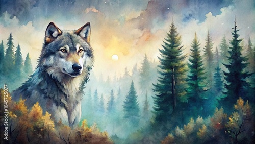 watercolor painting of a wolf in a forest landscape