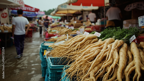 Geumsan Ginseng Festival, local farmers showcase fresh large ginseng roots at a bustling open-air market, colorful stalls and various ginseng products on display, Ai generated images photo