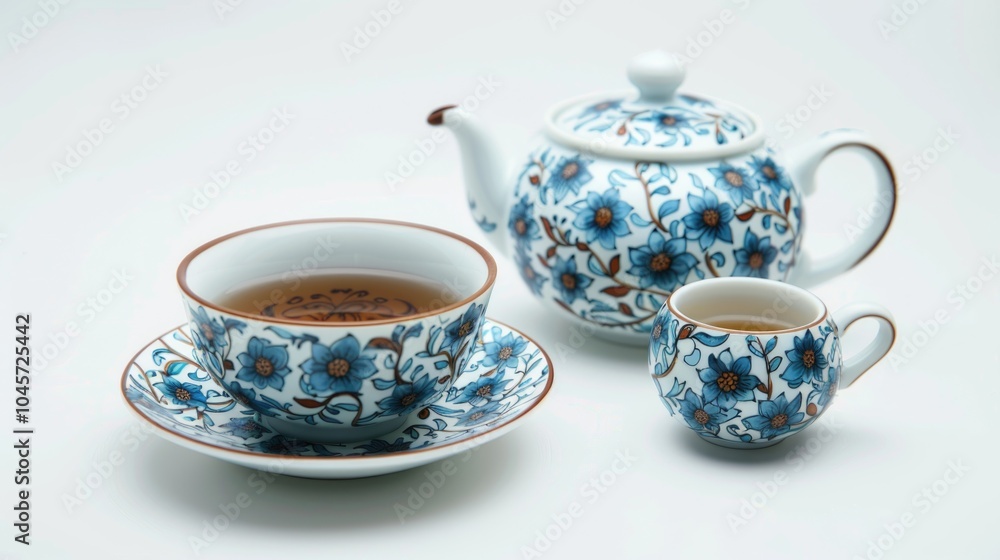 Fototapeta premium Closeup tea set on white background.