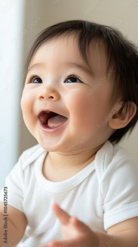 白い服を着て、明るい目と楽しそうな表情で笑っている愛らしい赤ちゃん 白い服を着て、明るい目と楽しそうな表情で笑っている愛らしい赤ちゃん