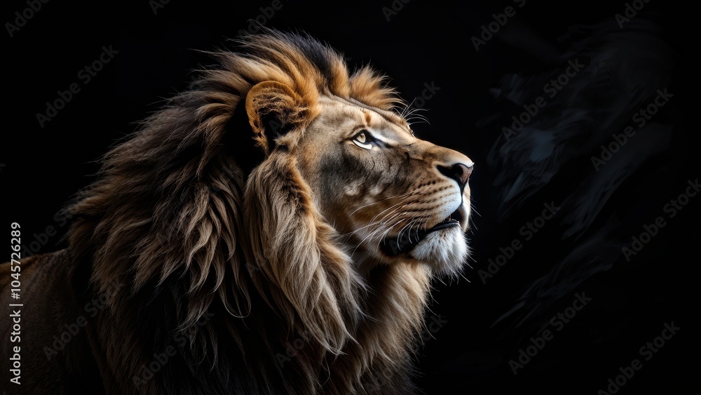 Fototapeta premium A majestic lion gazes upward against a dark background, highlighting its regal features.
