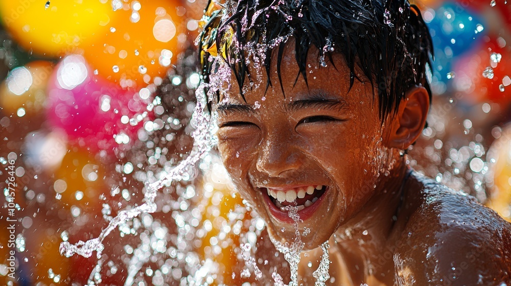 Happy Boy Splashing in Water Summer Fun Waterpark Outdoor Joyful Kid Childhood Happy Boy Splashing in Water Summer Fun Waterpark Outdoor Joyful Kid Childhood