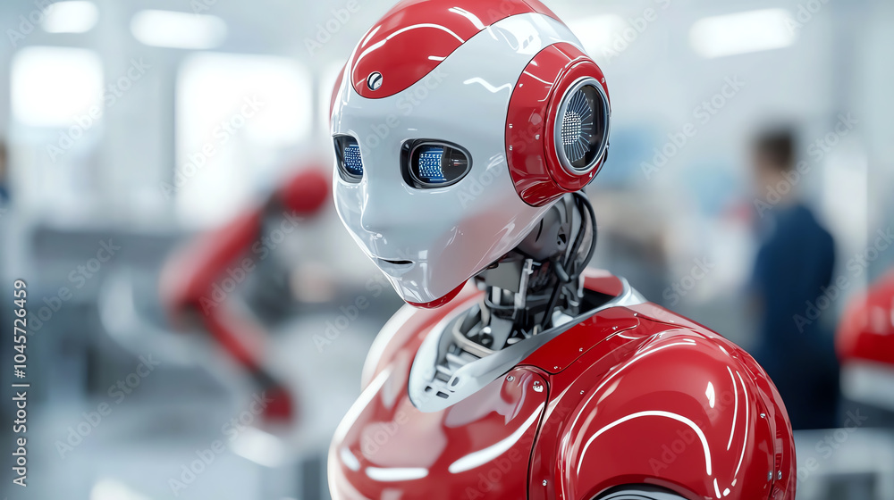 Exploring the future of robotics the red and white humanoid robot in a modern tech environment Exploring the future of robotics the red and white humanoid robot in a modern tech environment