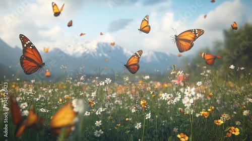 A group of butterflies fluttering over a field of wildflowers, showcasing the beauty of nature and the harmony between flowers and butterflies.