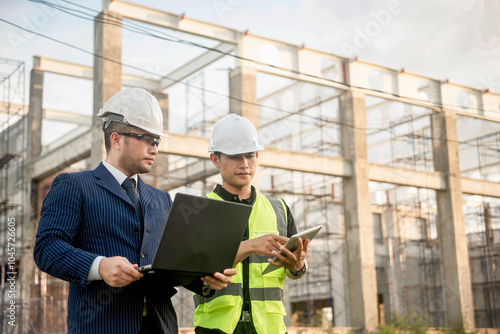 Two construction engineers inspect the building structure and the progress of the construction plan