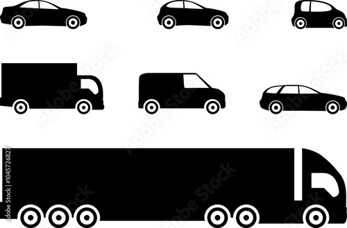 Car icon. Scooter, car, van, truck and other vehicles collection. Transport icons. Automobile silhouette. Front and side view car symbol. Sharing or delivery icons for apps and websites vector .