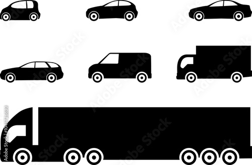 Car icon. Scooter, car, van, truck and other vehicles collection. Transport icons. Automobile silhouette. Front and side view car symbol. Sharing or delivery icons for apps and websites vector .
