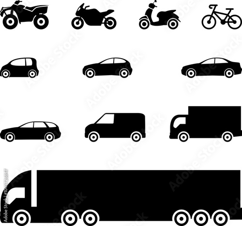 Car icon. Scooter, car, van, truck and other vehicles collection. Transport icons. Automobile silhouette. Front and side view car symbol. Sharing or delivery icons for apps and websites vector .