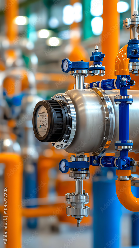 Detailed view of a precision flow meter in an industrial environment with colorful pipework Detailed view of a precision flow meter in an industrial environment with colorful pipework