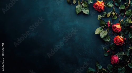 Dark background wide banner with roses on vines and ivy. Romance-themed concept ideal for Valentineâ€™s Day. Space for text to personalize designs. Vivid petals create a striking contrast 