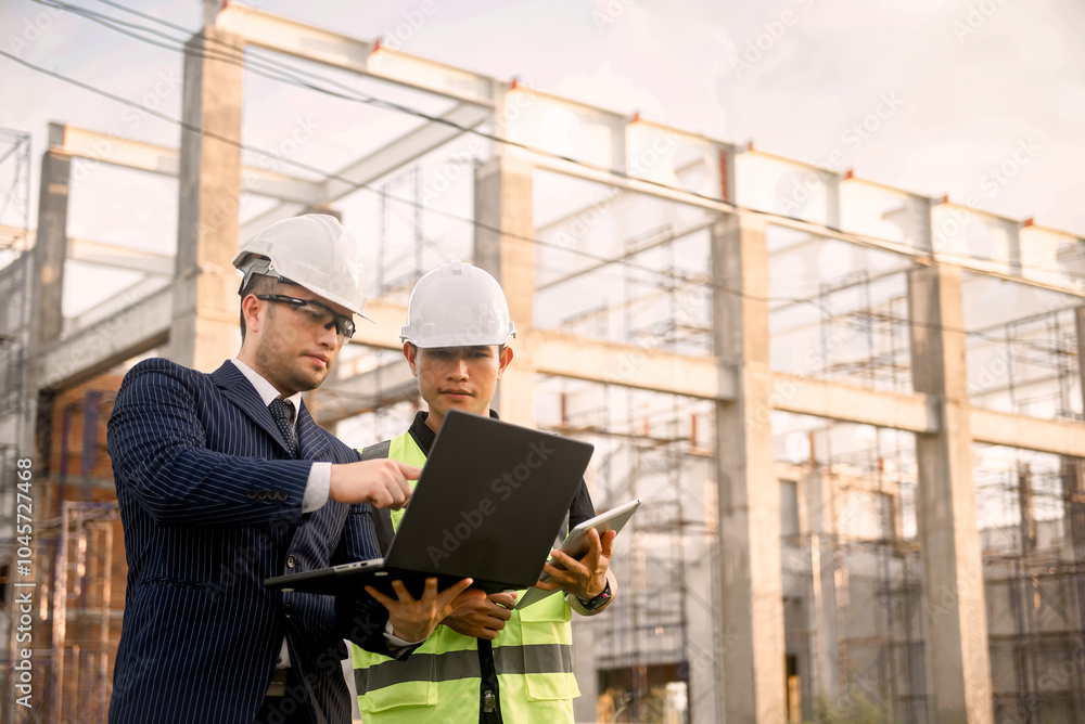 Two construction engineers inspect the building structure and the progress of the construction plan Two construction engineers inspect the building structure and the progress of the construction plan