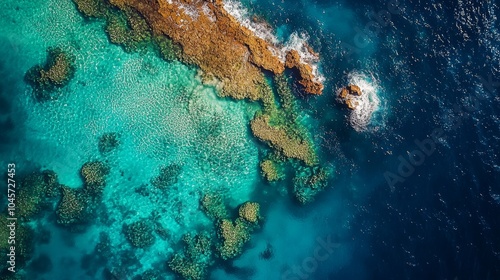 Aerial View of Turquoise Water Rocky Coastline and Ocean Waves