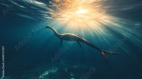 A graceful plesiosaurus swims through clear ocean waters, illuminated by golden sunlight. This serene underwater scene evokes a sense of tranquility and ancient beauty.