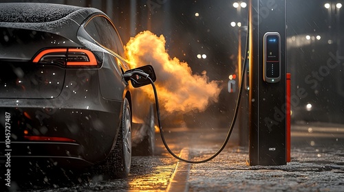 Close up view of an electric vehicle charging station showing smoke rising from an overheated electric car photo