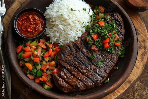 Grilled Zebu Steak with Rice and Spicy Vegetable Garnish