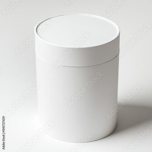 Minimalist white cylindrical cardboard box on white surface