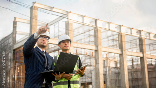 Two construction engineers inspect the building structure and the progress of the construction plan