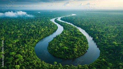 Aerial View of Winding River Through Lush Rainforest Canopy