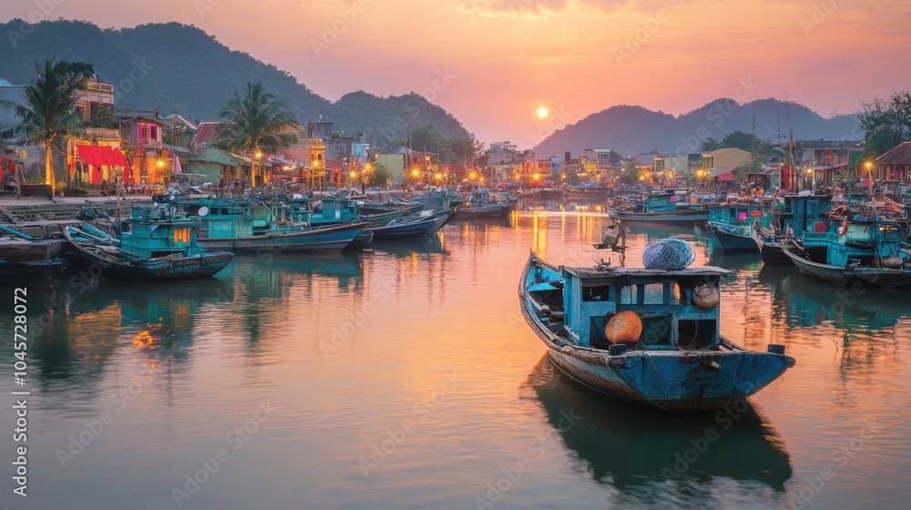 Fototapeta premium Colorful Boats at Sunset in a Tranquil Asian Harbor
