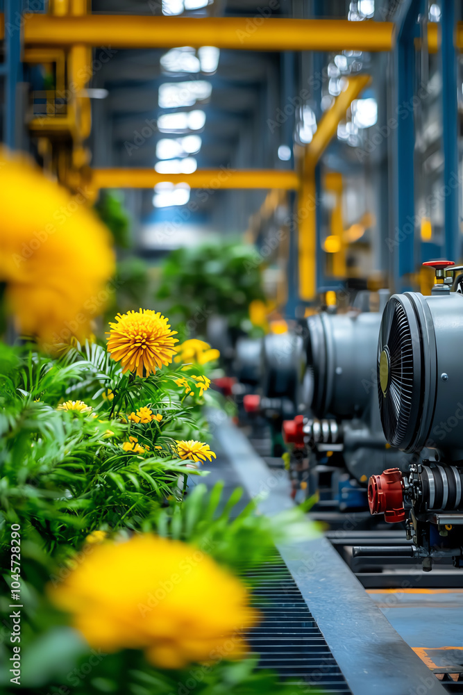 Naklejka premium Industrial harmony the interplay of machinery and nature in modern manufacturing environments