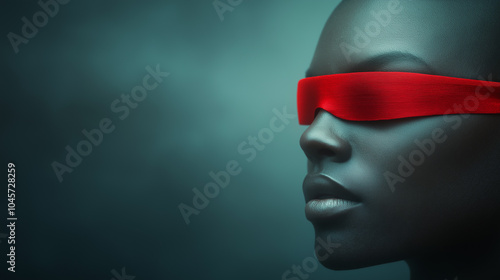 Close-up of a woman with a red blindfold, representing mystery, suspense, and secrecy, perfect for creative projects, conceptual art, and mysterious visual storytelling. photo