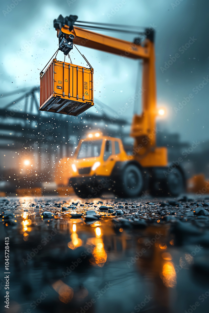 Heavy machinery in action the dynamic lifting of a shipping container during a rainy day at the construction site Heavy machinery in action the dynamic lifting of a shipping container during a rainy day at the construction site