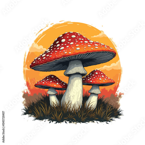 Mushrooms Illustration with Sunset Background