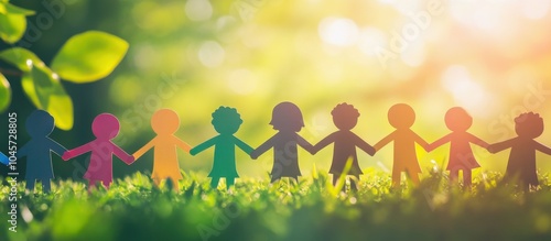A group of paper cutout children holding hands in different colors standing on green grass, with a blurred background and sunlight shining through the leaves Generative AI