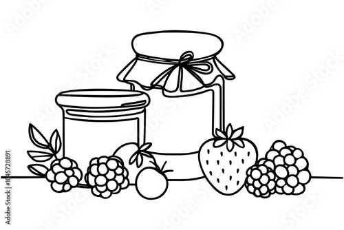 Jam jar and strawberry berry drawing with one continuous line. Vector illustration