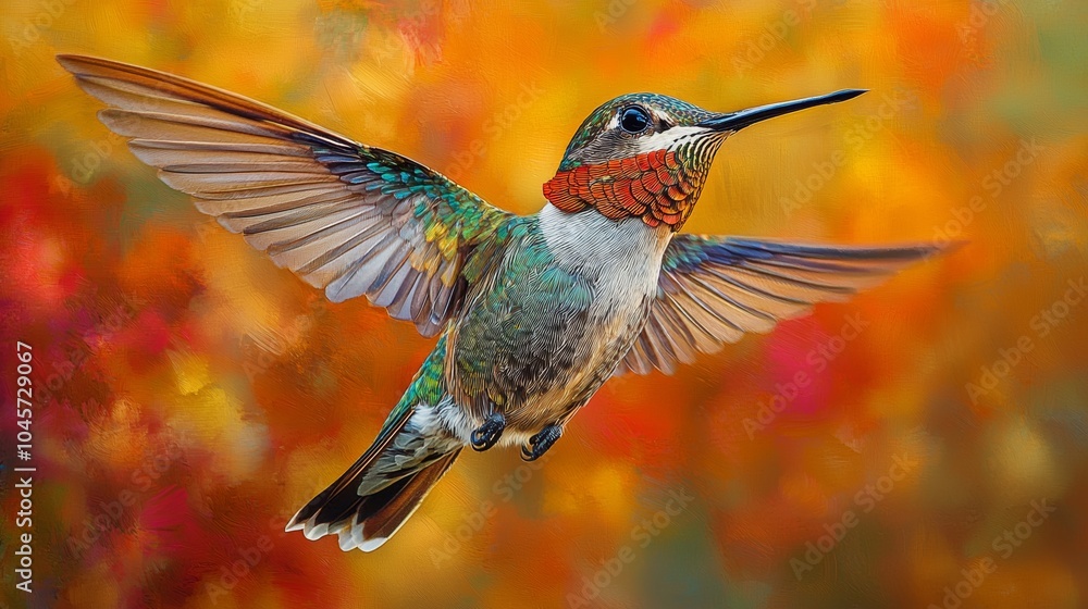 Fototapeta premium Hummingbird in Flight with Vibrant Colors and Abstract Background
