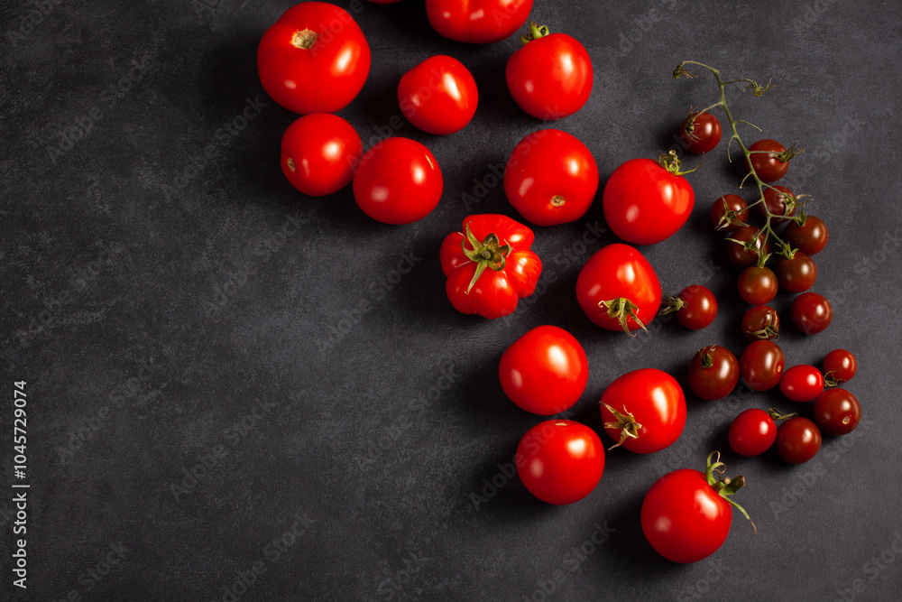 Top view of fresh red ripe tomatoes on dark background. Proper nutrition concept. Copy space. Creative banner Top view of fresh red ripe tomatoes on dark background. Proper nutrition concept. Copy space. Creative banner