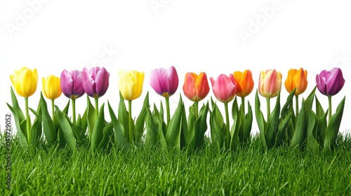 Brightly colored tulips growing in a row on fresh green grass, set against a pure white background, creating a clean and uplifting image.