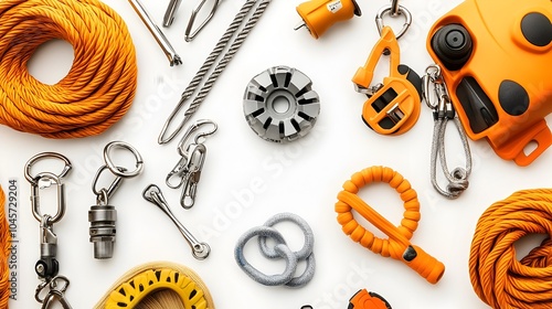 Collection of essential rescue climbing equipment including ropes carabiners and pulleys neatly arranged on a clean white background ready for adventure and outdoor activities photo