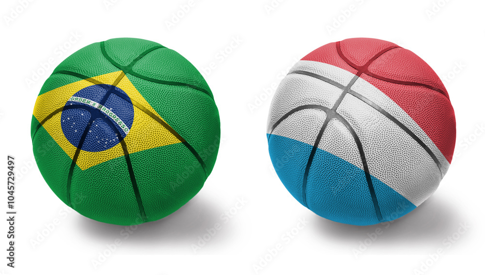 basketball balls with the national flags of luxembourg and brazil on the white background. basketball balls with the national flags of luxembourg and brazil on the white background.