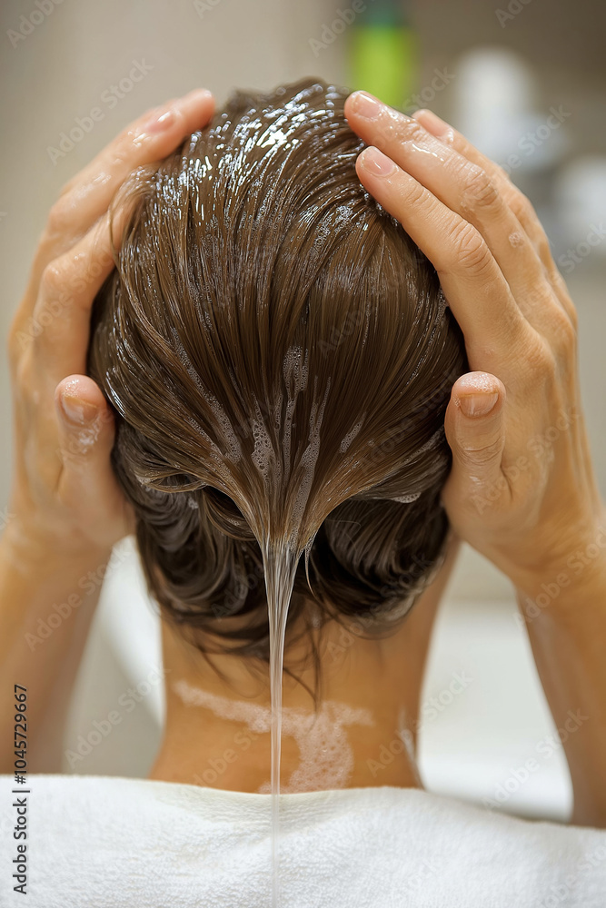 Naklejka premium Woman receiving a soothing hair treatment at a salon during a relaxing spa day