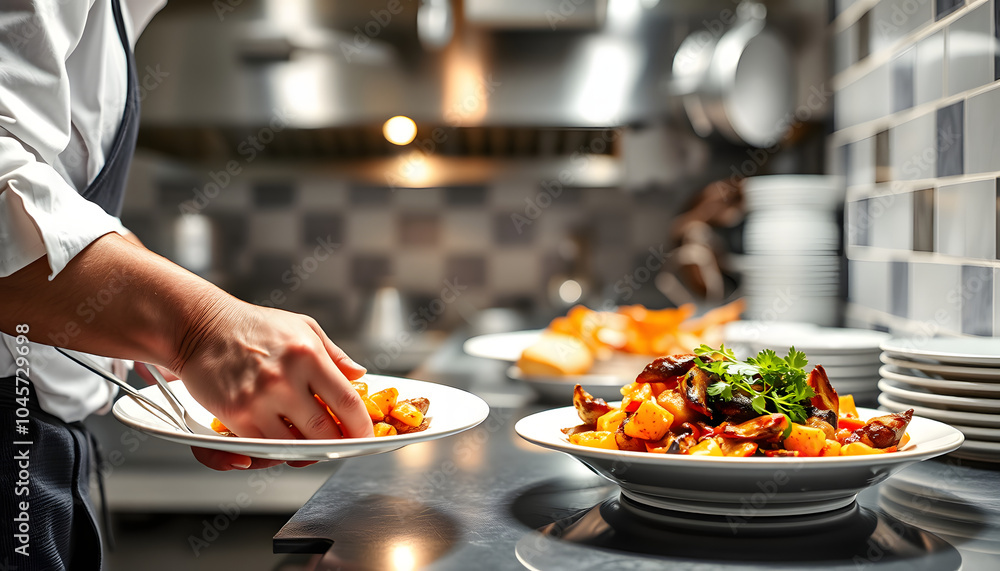 Cook serving food on a plate in the kitchen, of a restaurant isolated with white highlights, png Cook serving food on a plate in the kitchen, of a restaurant isolated with white highlights, png