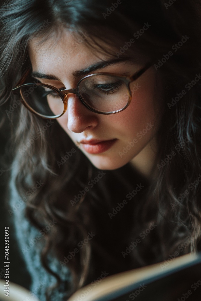 A young woman sits quietly, absorbed in her reading. Her curly hair frames her face, and her glasses reflect the warm light around her, creating a serene atmosphere A young woman sits quietly, absorbed in her reading. Her curly hair frames her face, and her glasses reflect the warm light around her, creating a serene atmosphere