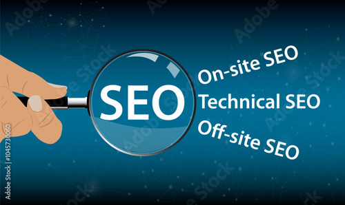 Magnifying glass with word SEO. Finance business concept. Technical SEO web marketing. Digital content search optimization.