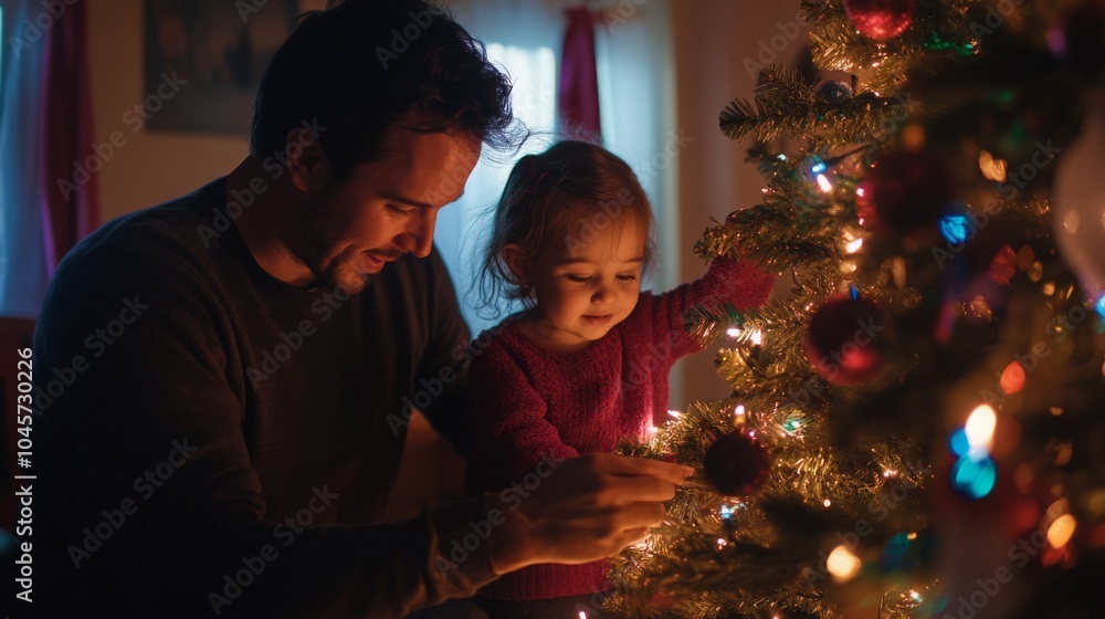 A father and his young daughter joyfully decorate a Christmas tree in their cozy living room, filling it with colorful ornaments and lights. A father and his young daughter joyfully decorate a Christmas tree in their cozy living room, filling it with colorful ornaments and lights.