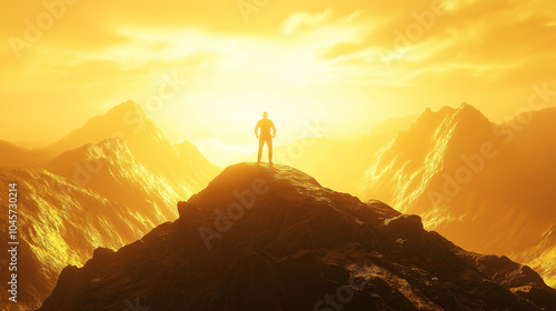 Silhouette of a man standing on a mountain peak at sunrise, representing achievement, goals, success, and adventure, perfect for motivational, outdoor, and travel-related projects. photo