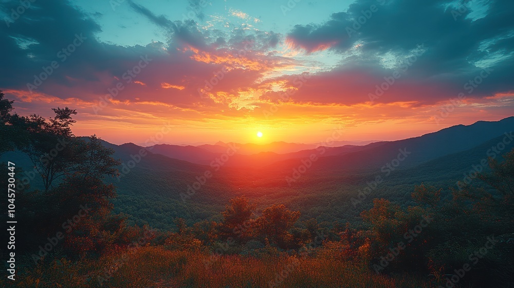 A vibrant sunset over rolling mountains, casting colorful hues across the sky and landscape. A vibrant sunset over rolling mountains, casting colorful hues across the sky and landscape.