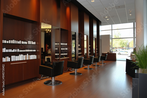 Modern salon interior with stylish chairs and shelves of beauty products during daylight