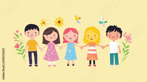 happy kids hand in hand with friends and flowers, to show diversity and respect