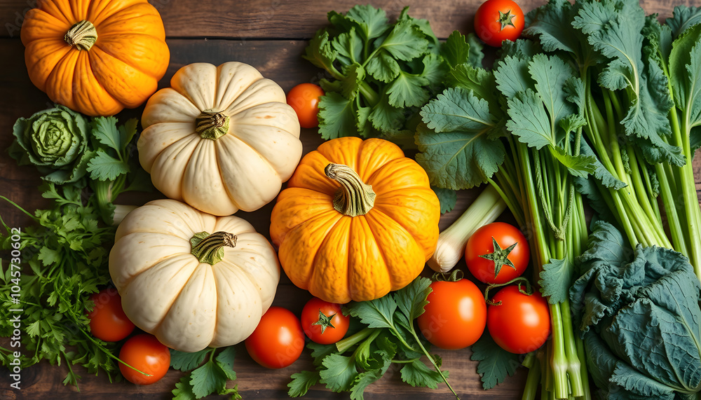 Healthy and organic harvest vegetables and ingredients: pumpkin, greens, tomatoes,kale,leek,chard,celery on rustic kitchen table background for tasty Thanksgiving seasonal cooking, frame, top view i Healthy and organic harvest vegetables and ingredients: pumpkin, greens, tomatoes,kale,leek,chard,celery on rustic kitchen table background for tasty Thanksgiving seasonal cooking, frame, top view i