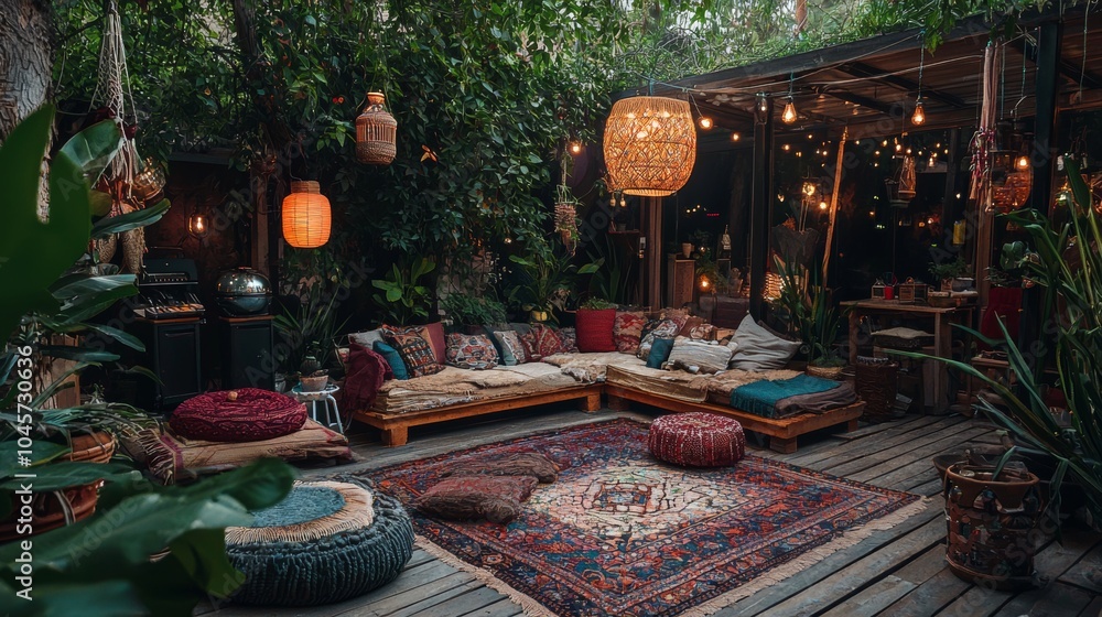 Bohemian Outdoor Patio with Cozy Seating Lanterns and Rugs Bohemian Outdoor Patio with Cozy Seating Lanterns and Rugs