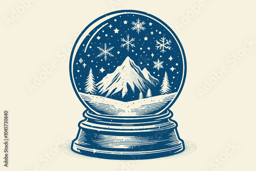 Snow globe. blue vintage retro hand drawn vector, engraving emblem, print, icon, cut out