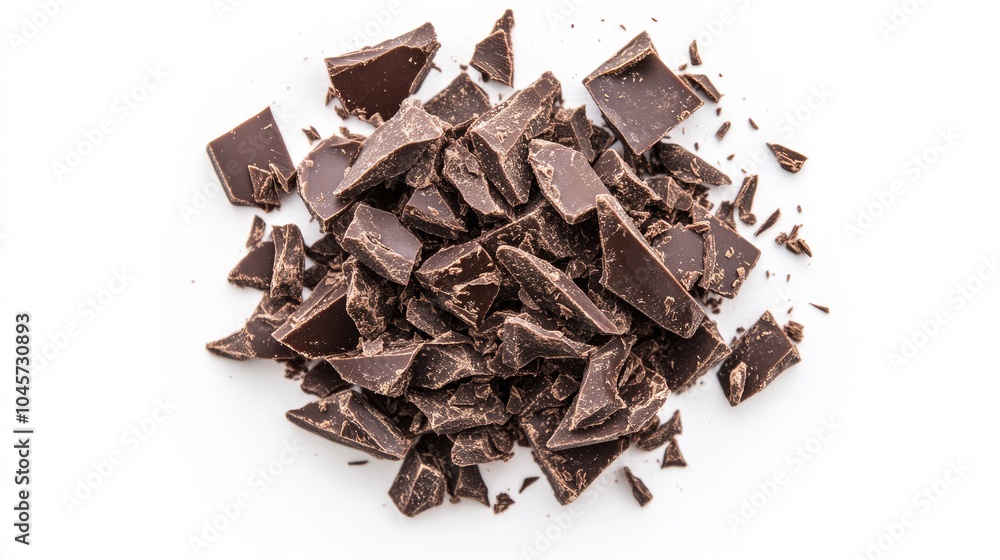 Dark chocolate crumbles and shavings neatly arranged in a pile, set against a clean white background for a delicious contrast. Dark chocolate crumbles and shavings neatly arranged in a pile, set against a clean white background for a delicious contrast.