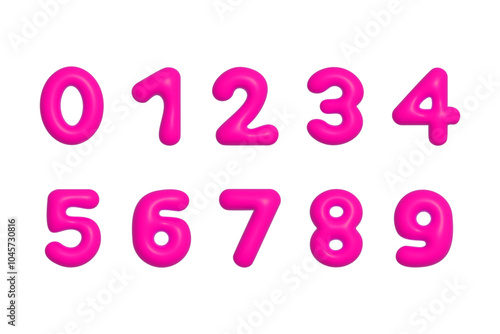 Pink 3d plastic inflated balloon Y2K style numbers isolated on white background